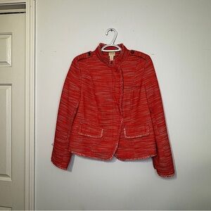 Chico’s Red/Orange Tweed Moto Jacket/Blazer – Frayed Edge, Zip-Up, Size 0/S NWT